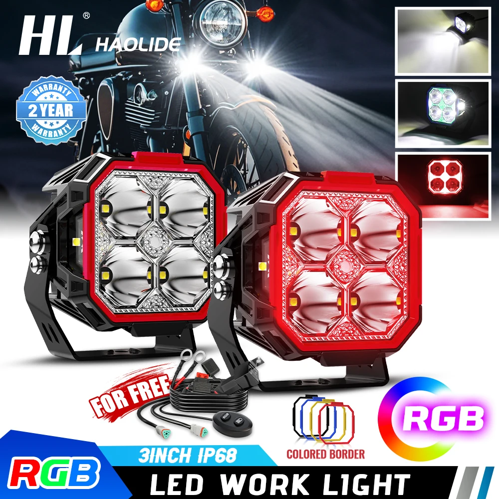 HL 3inch Square LED Work Light RGB DRL with Free Wire Set Spot Driving LED Work Lamp Fog Pods Lights For off-road use 12V 24V