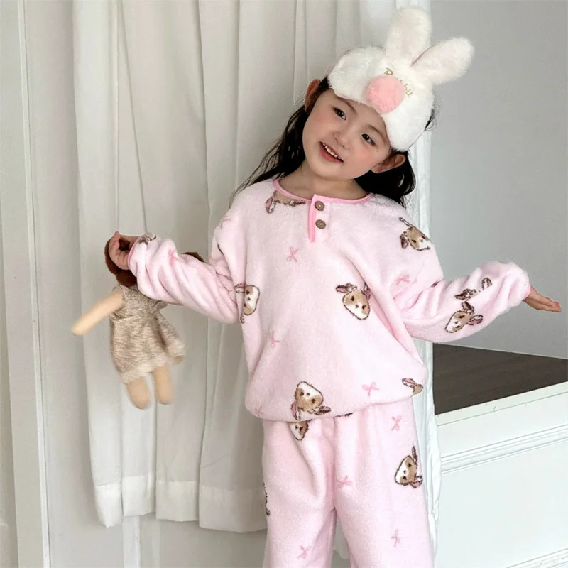 Boys Fleece Suit Girls Fleece Sets Winter Warm Pyjama Trousers 2Pcs Autumn New Children's Flannel Homewear Outfits Kids Clothing