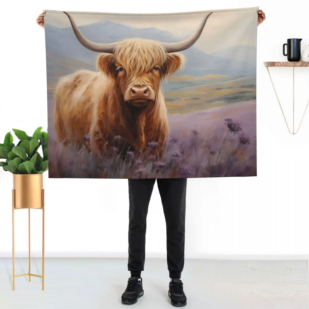 Scottish Highland Cow in Heather Throw Blanket Flannel Fabric Blankets Sofas Of Decoration Cute Plaid Soft Warm Quilt Blankets