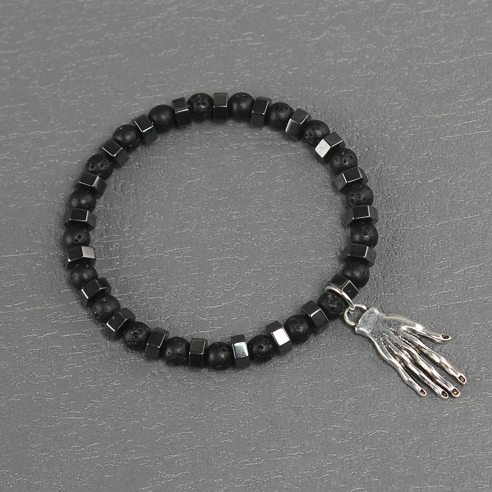 Retro Gothic Balck Round Lava Stone and Hematite Spacer Beads Bracelet with Hand Charms Handmade Jewelry for Men and Women