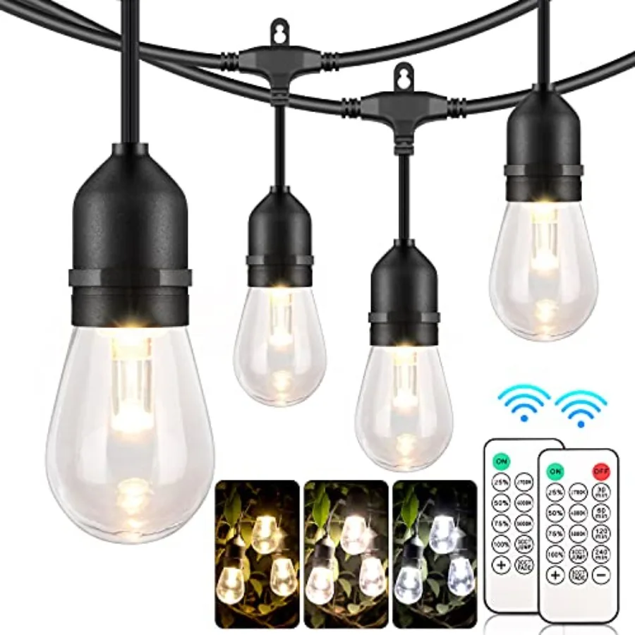 3 Color Outdoor LED Dimmable String Lights for Patio with Remote, Plug in 48Feet Waterproof Shatterproof Edison Bulb Lights for