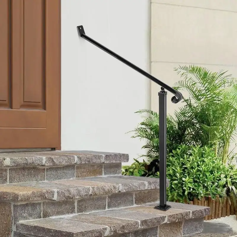 Handrails for outdoor stairs, wrought iron handrail, two-step entrance railing, elegant black stair railing, stainless steel handrail.