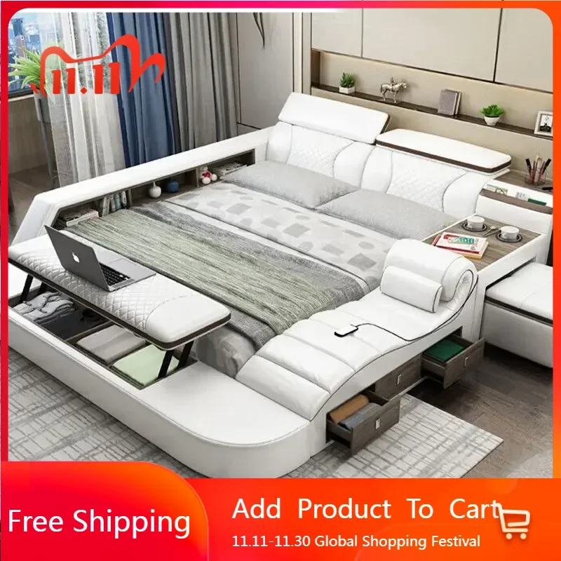 

Girls Storage Bed Double Luxury Smart Nordic Beauty Bed Tatami Japanese Sleeping Leather Wood Camas De Casal Modern Furniture