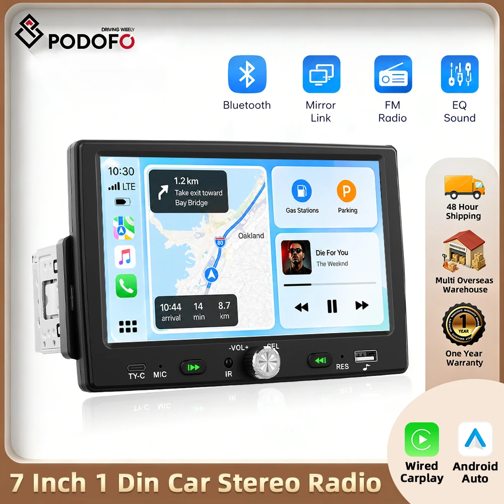 Podofo - Radio de Coche Universal con Pantalla Táctil de 7 Pulgadas, 1 DIN, con Cable, CarPlay, Android AUTO, FM, Estéreo, Reproductor Multimedia MP5, Puerto BT, TF, Mirrorlink, Unidad Principal MP5, Autoradio