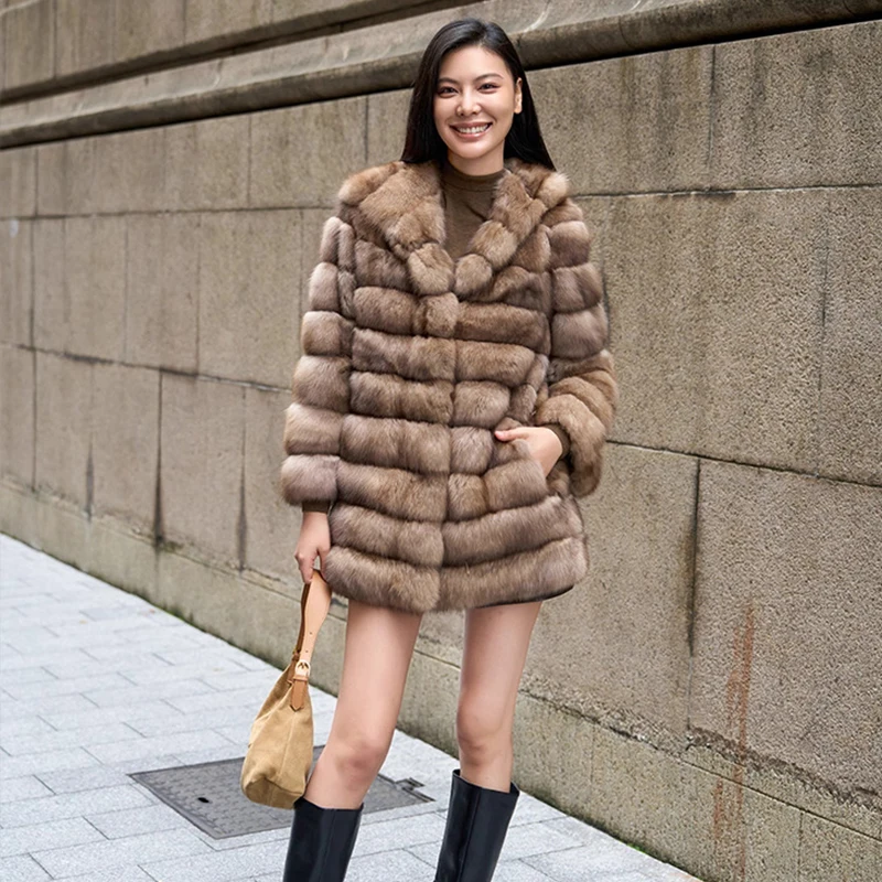 Ftangaiur Winter Import Russian Sable Fur Coat With Fur Hood Sable Coat Women Long Sleeve Short Natural Real Sable Fur Coats