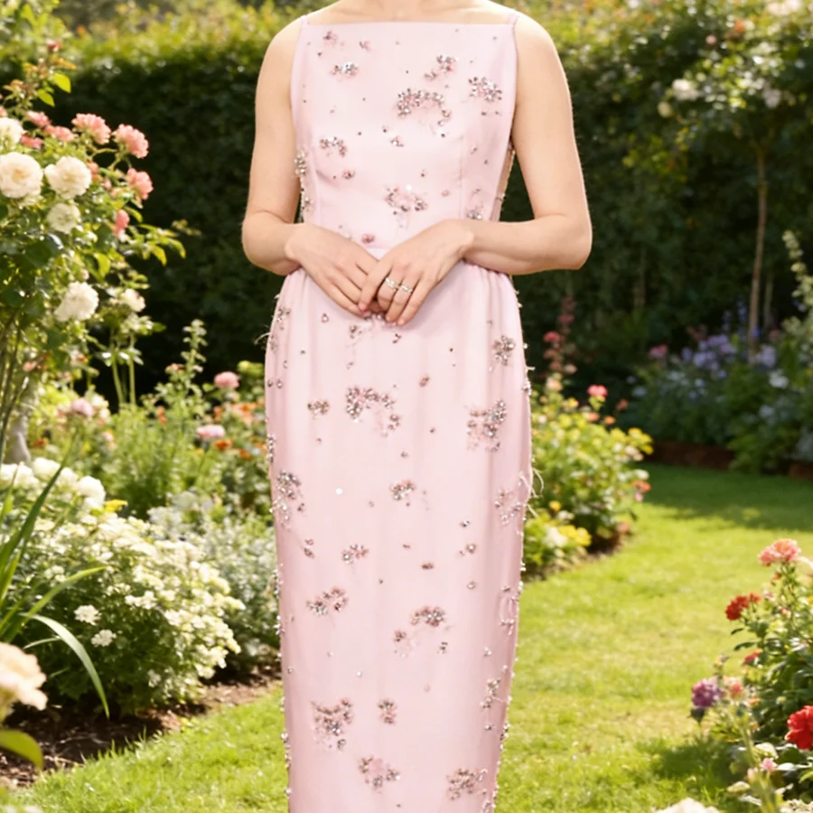 Elegant Strapless Pink Sleeveless Floral Straight Formal Evening Dresses Celebrity Dress Customzied