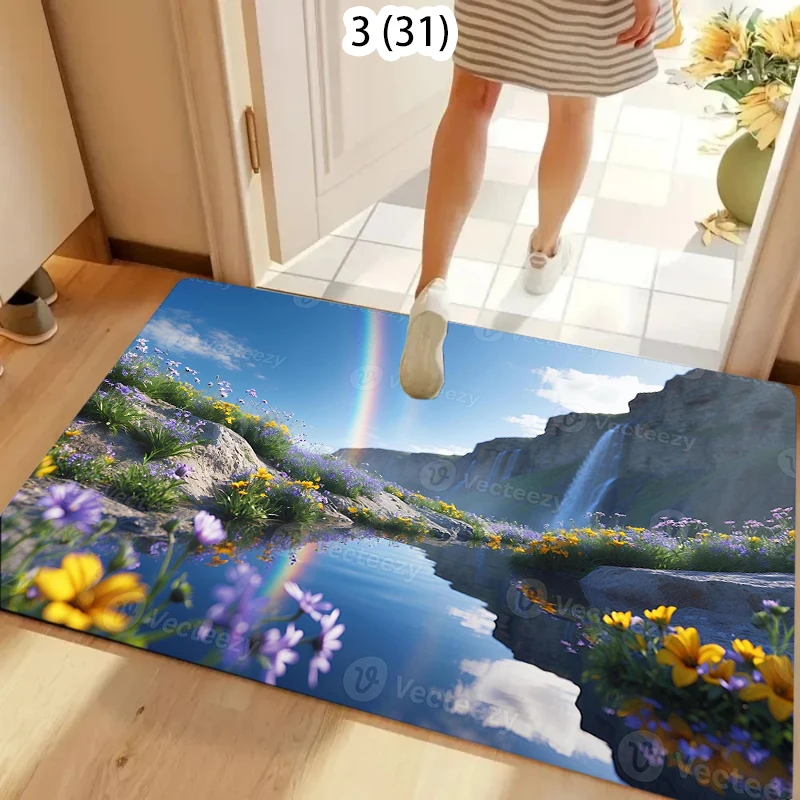 Rainbow Flower Field Waterfall Rug Carpet Mat Non-Slip for