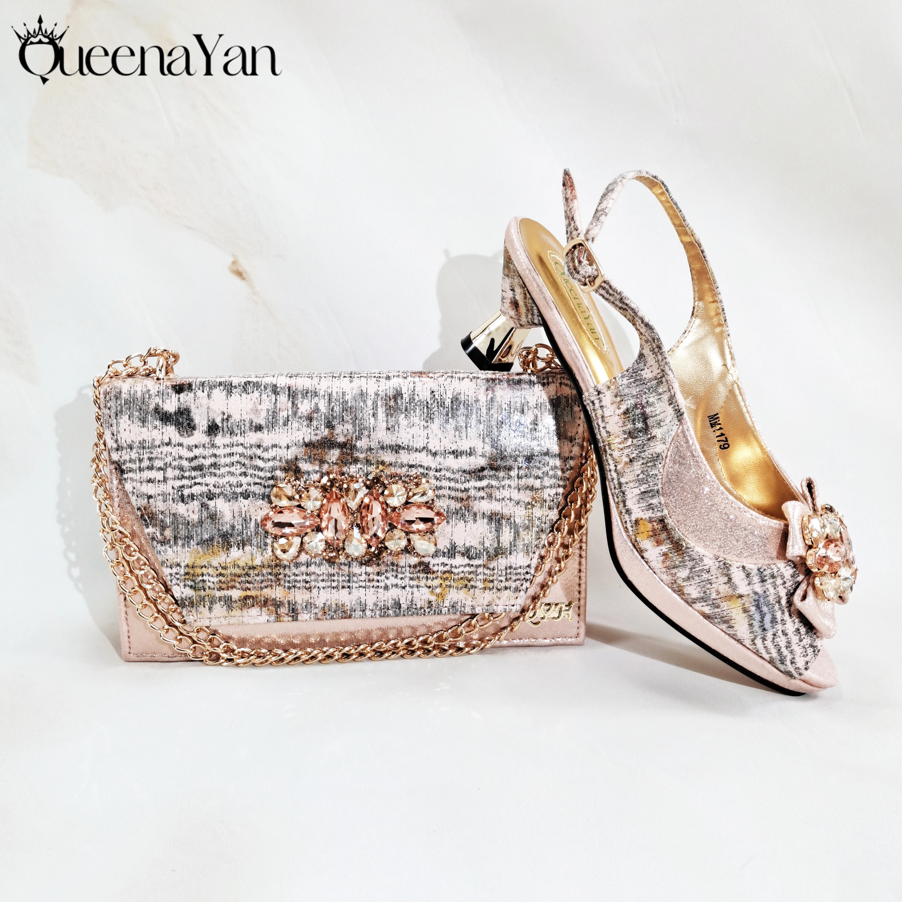 

Women High Heel Shoes Elegant Rose Gold Rhinestone Metallic Diamond Accents Paired with Match Handbag Exquisite Special Material