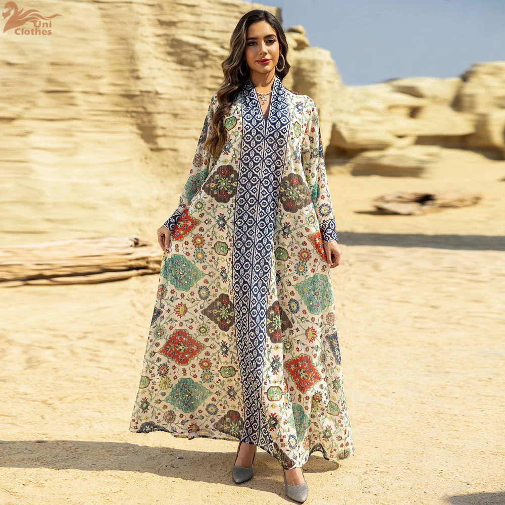 

Uni 2025 New Muslim Women's Chiffon Floral Print Pullover Abaya Dress Dubai Middle Eastern Elegant Robe