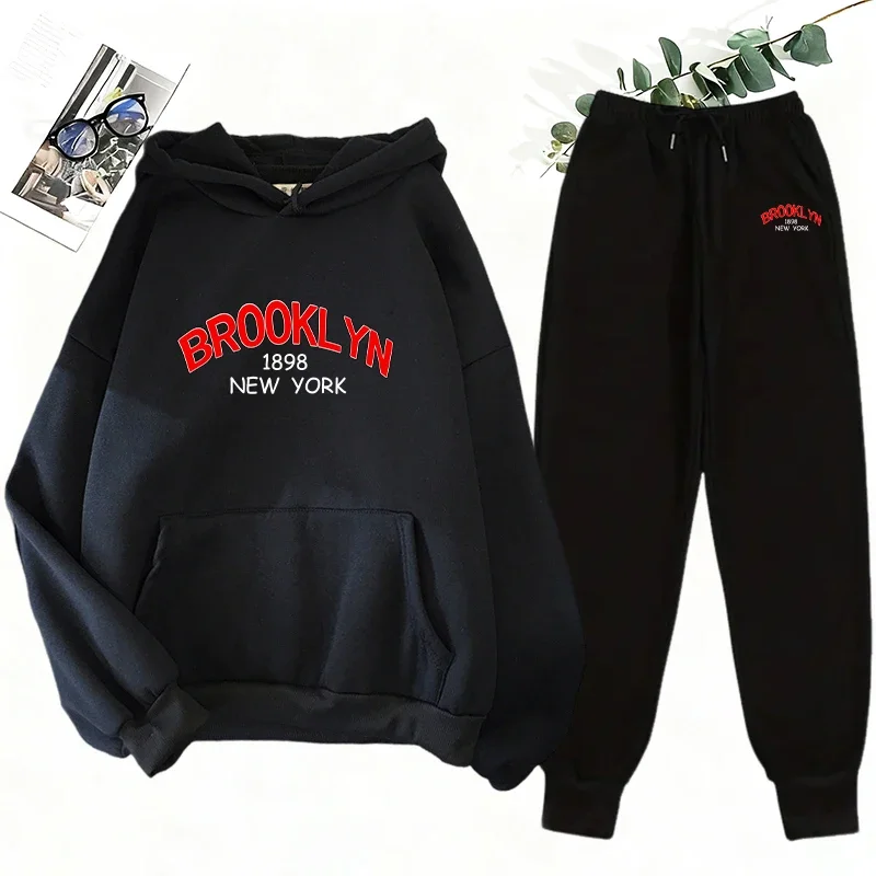 

2025 женский спортивный костюм, спортивные штаны с капюшоном, комплект из 2 предметов, наряд с принтом Brooklyn, осень-зима, повседневная спортивная одежда для отдыха, уличный стиль