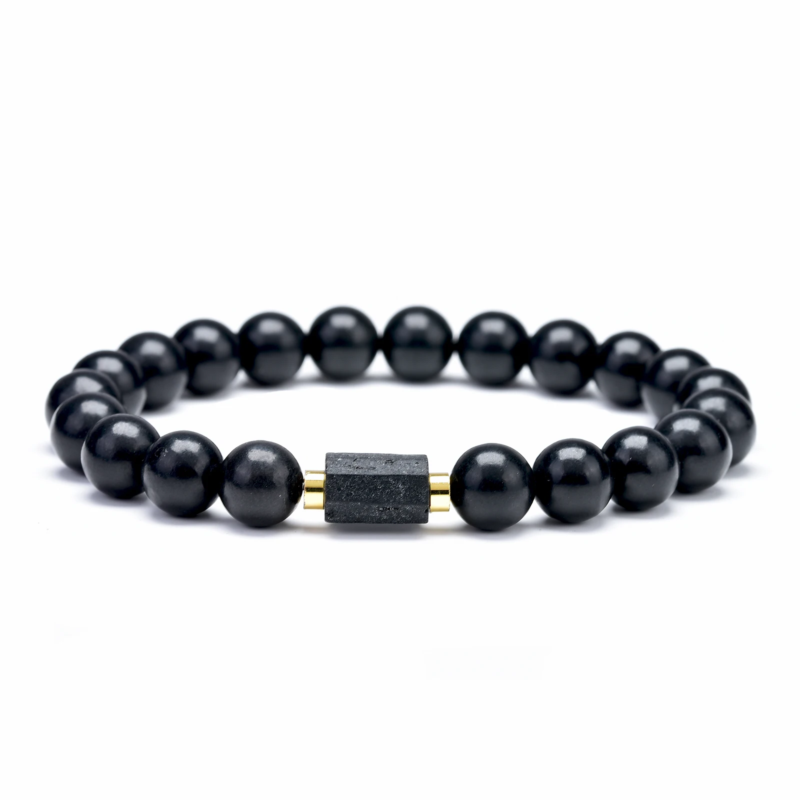 Pulseira masculina proteção energética natural shungite preto turmalina pedra frisada pulseiras banhado a cobre 18k ouro 8mm