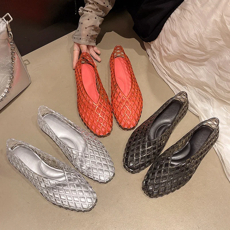 Neue transparente Retro-Jelly-Freizeitschuhe für Damen, runde Zehenpartie, flacher Schaft, PVC-Sandalen, Größe 36-40