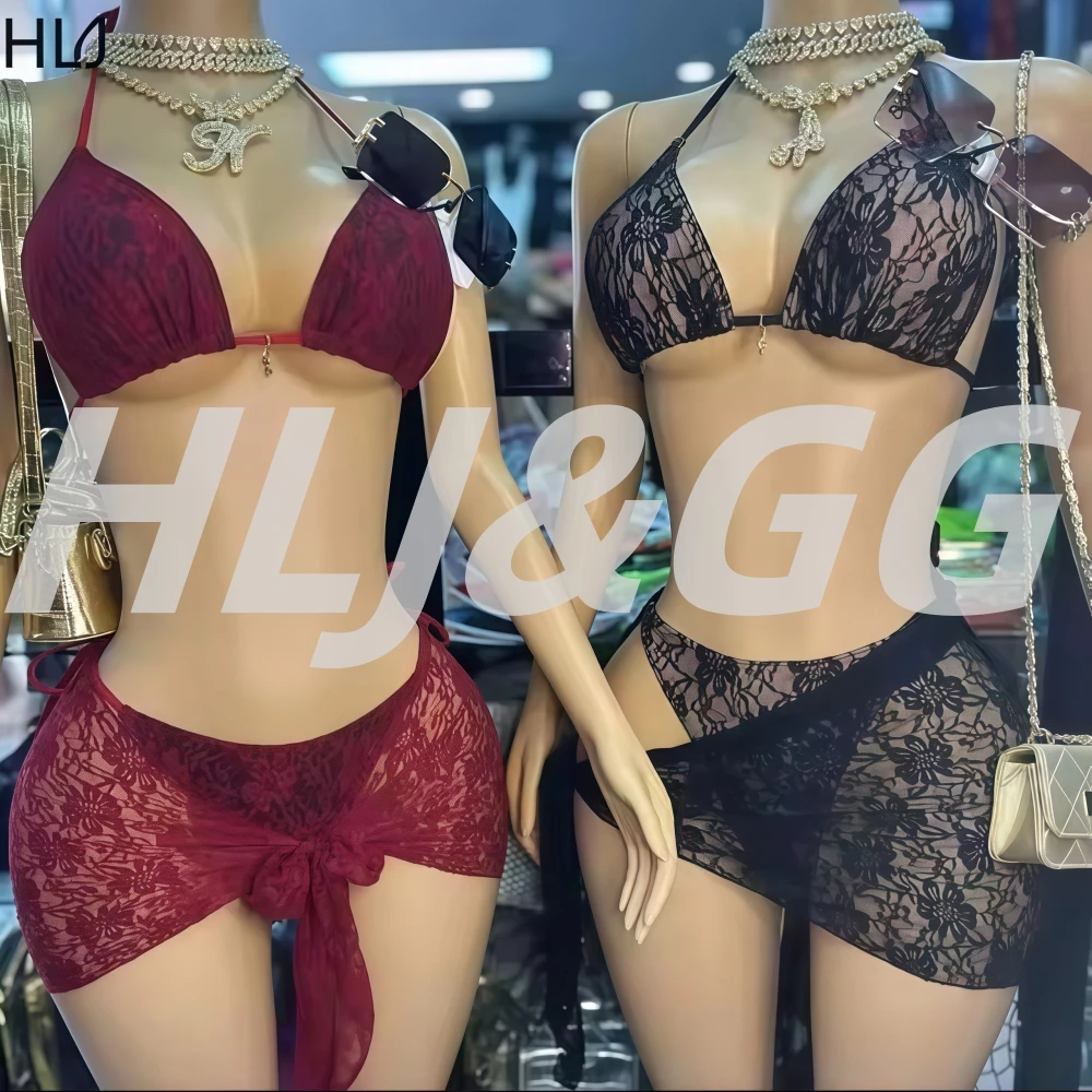 

HLJ&GG Sexy Lace Patchwork 3 Piece Set Bikini for Women Spaghetti Strap See Through Embroidery Crop Top and Mini Skirt Swimsuit
