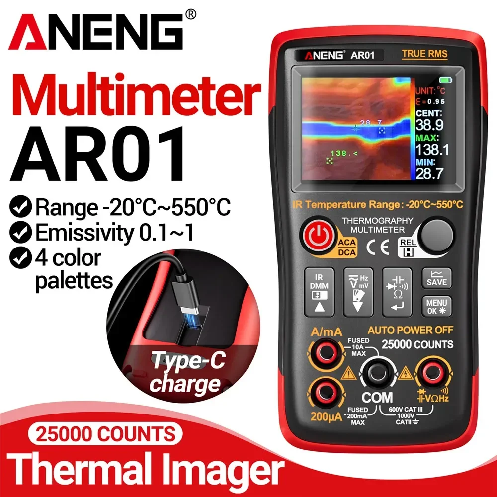AR01 AC/DC Voltage Current Tester Thermal Imager Multimeter 2 in 1 Infrared Thermometer 25000 Counts 320*240 IR Resolution