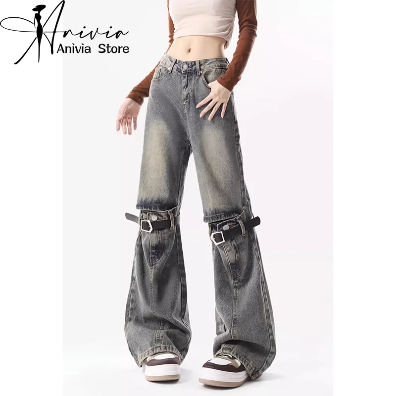 

Harajuku Streetwear Retro Fashion Women High Waist Jeans Loose Design Wide Leg Straight Blue Hole Denim Trousers Y2K Baggy Pants