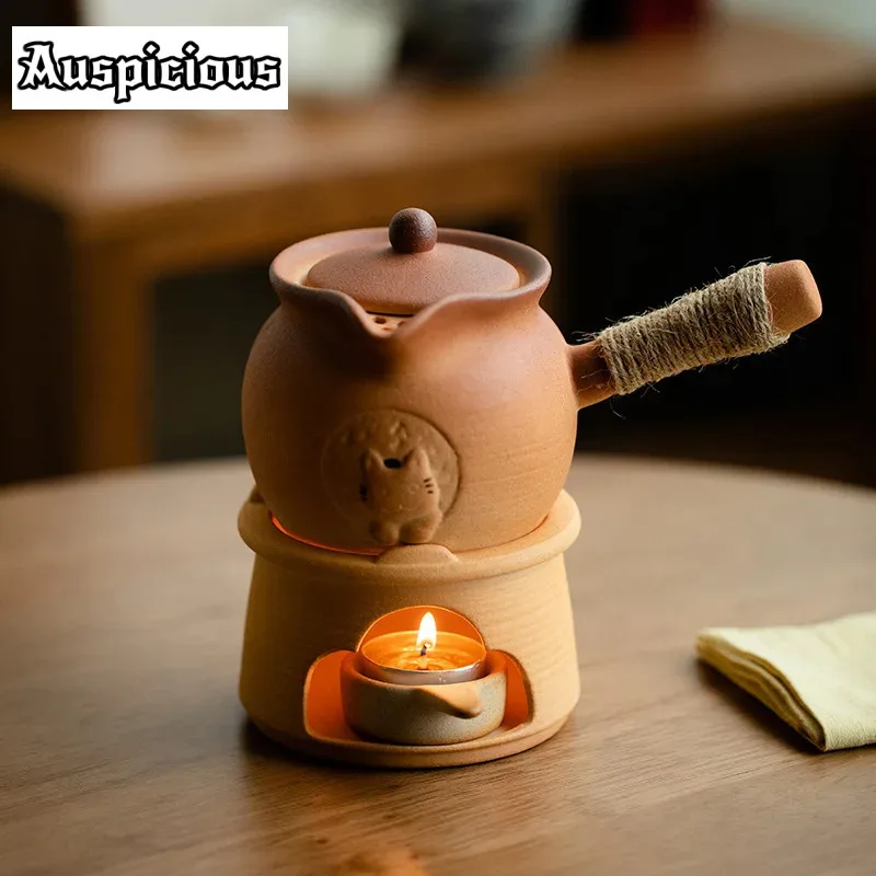 

Cute Cat Coarse Pottery Roasted Tea Kettle Winter Tea Brewing Around The Stove Candle Warmer Milk Tea Jar Side Handle Pot Base