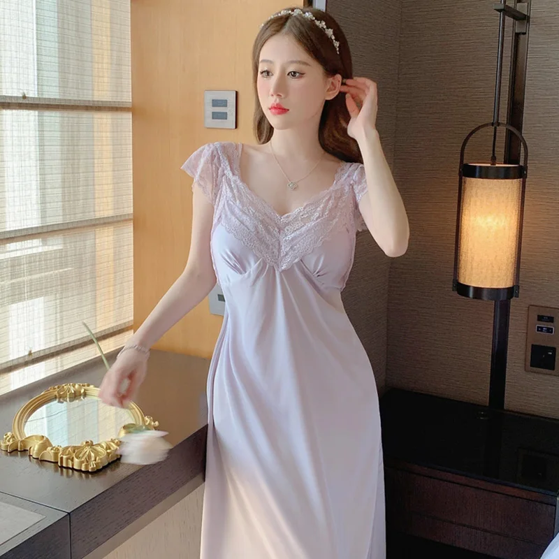 New Princess Lace Patchwork Nightgown Women Rayon Long Sleepwear Short Sleeve Home Dressing Gown Sexy Lingerie Nightwear