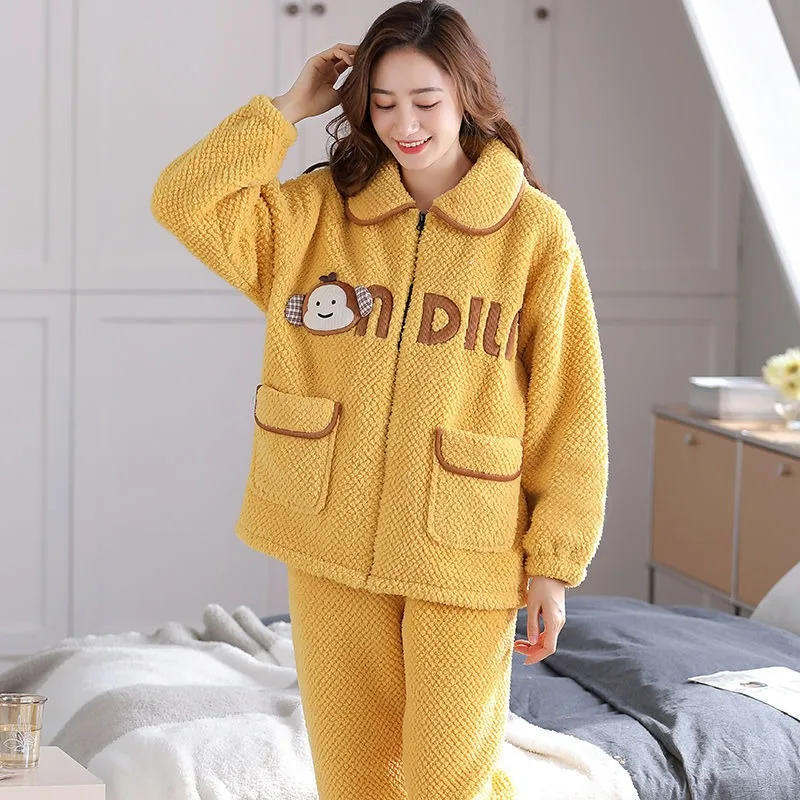 

Coral Velvet Pajamas Women Autumn Winter Thickened Warm Outerwear Homewear Female Sweet Flannel Casual Loose Nightclothes Suit