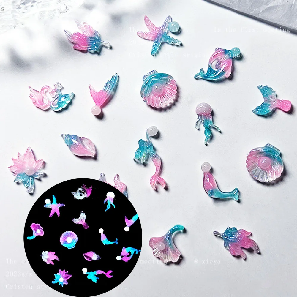 50 stücke Leuchtende Meerjungfrau Nagel Charms Glow Ocean Serie Nagel Dekoration Teile für DIY Shell Seestern Maniküre Zubehör Charme