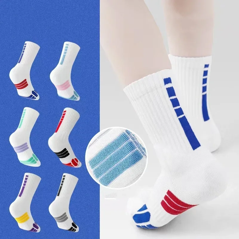 

1 Pair Sport Children's Sock for Boy Girl Solid Color Striped Calf Sock for Kids Non-slip Breathable Soft Cotton Basketball Sock