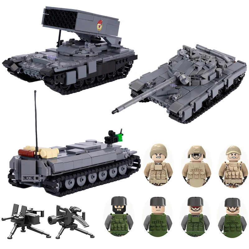 

Russia Military T62 T90 Tank Soldiers Guns Building Blocks Jeeps Military Speedboat Armored Car Army Figures Weapons Toys