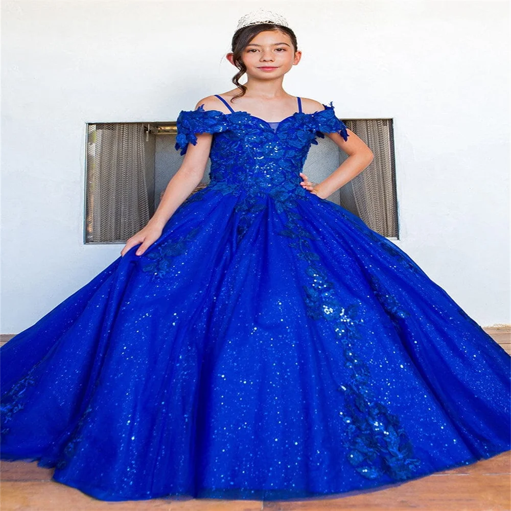 Vestido de menina flor azul real com faixa de espaguete adesivos de renda gaze fina princesa concurso de beleza evento formal