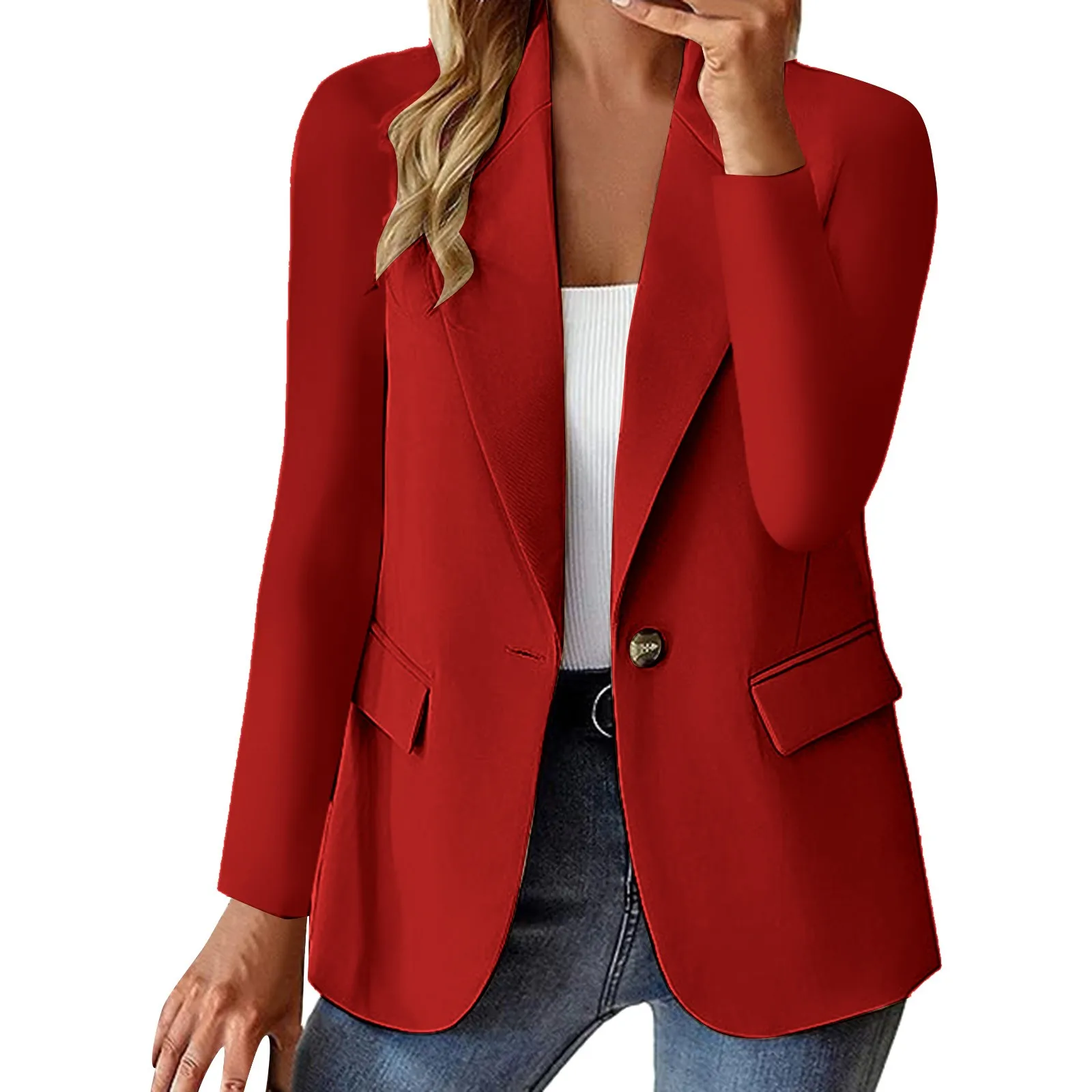 Temperament Woman Clothing Solid Color Cardigan Single Button New In Coats Casual Lapel Long Sleeve With Pockets Beat Jacket