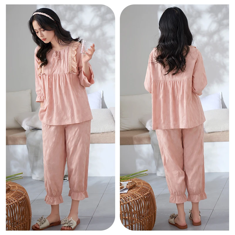 womens pajamas set woven full cotton tracksuit for women fashion lace short sleeve vestidos lovely princess sleepwear pijamas