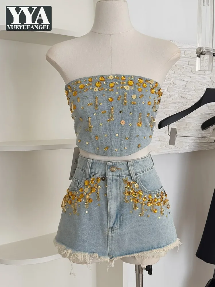 

Summer Sexy High Street Women Slash Neck Crystal Sequined Denim Tube Top High Waist Mini A-Line Skirt Lady Fashion Two Piece Set
