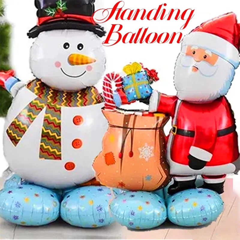 Self Standing Balloons Large Christmas Santa Claus Snowman Xmas Tree 4D Aluminum Foil Balloon with Base Party Gift Home Decor