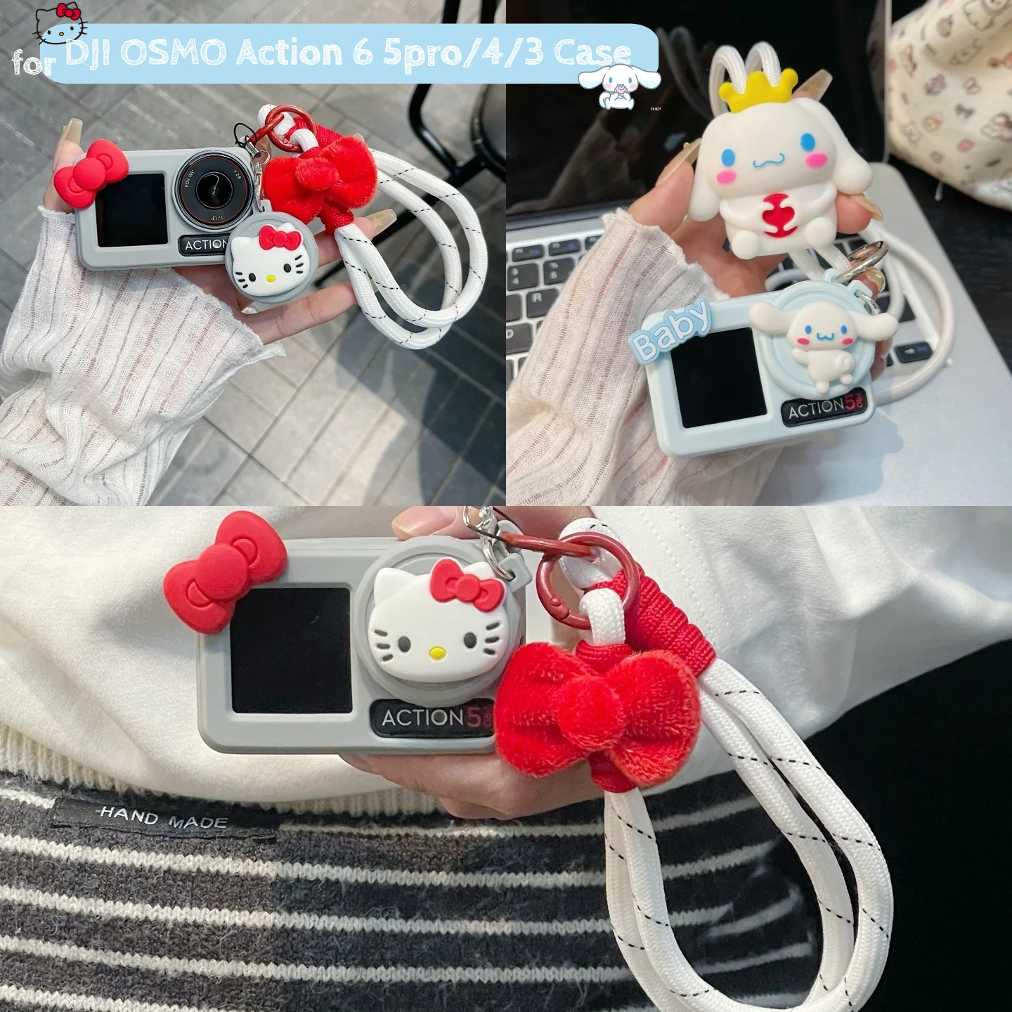 DJI 오즈모 액션 6 5 프로 4 3 케이스 귀여운 산리오 시나모롤 헬로키티 분실방지 스트랩 스포츠 카메라 보호 실리콘 커버