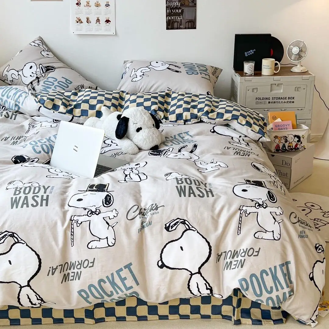 Cute Snoopy animation peripheral pure cotton bed sheet four-piece set cartoon simple small fresh ins quilt cover three-piece set