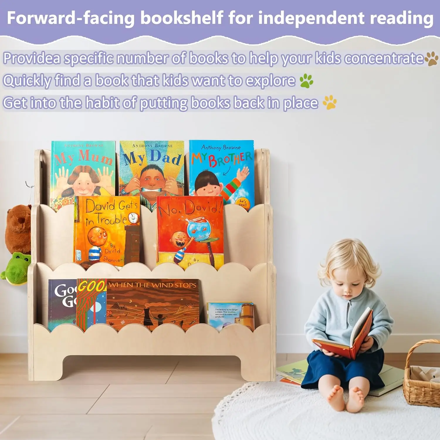 Kids Bookshelf Wooden 3-Tier, Scalloped Book Shelf for Kids Rooms, Front Facing Toddler Montessori Bookshelf, Baby Nursery Book