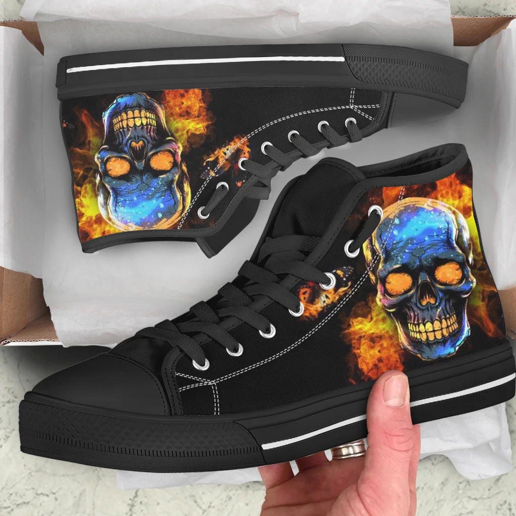 INSTANTARTS Fierce Burning Skull Print Men Shoes Men's 2024 Spring New High Top Canvas Shoes Soft Sole Non-slip Student Sneakers