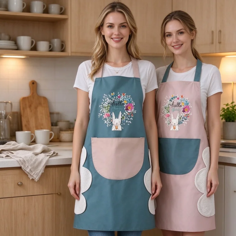 Rabbit Print Kitchen Apron for Women Waterproof Oilproof Cooking Apron With Hand Wiping Cloth Large Pocket Household Apron