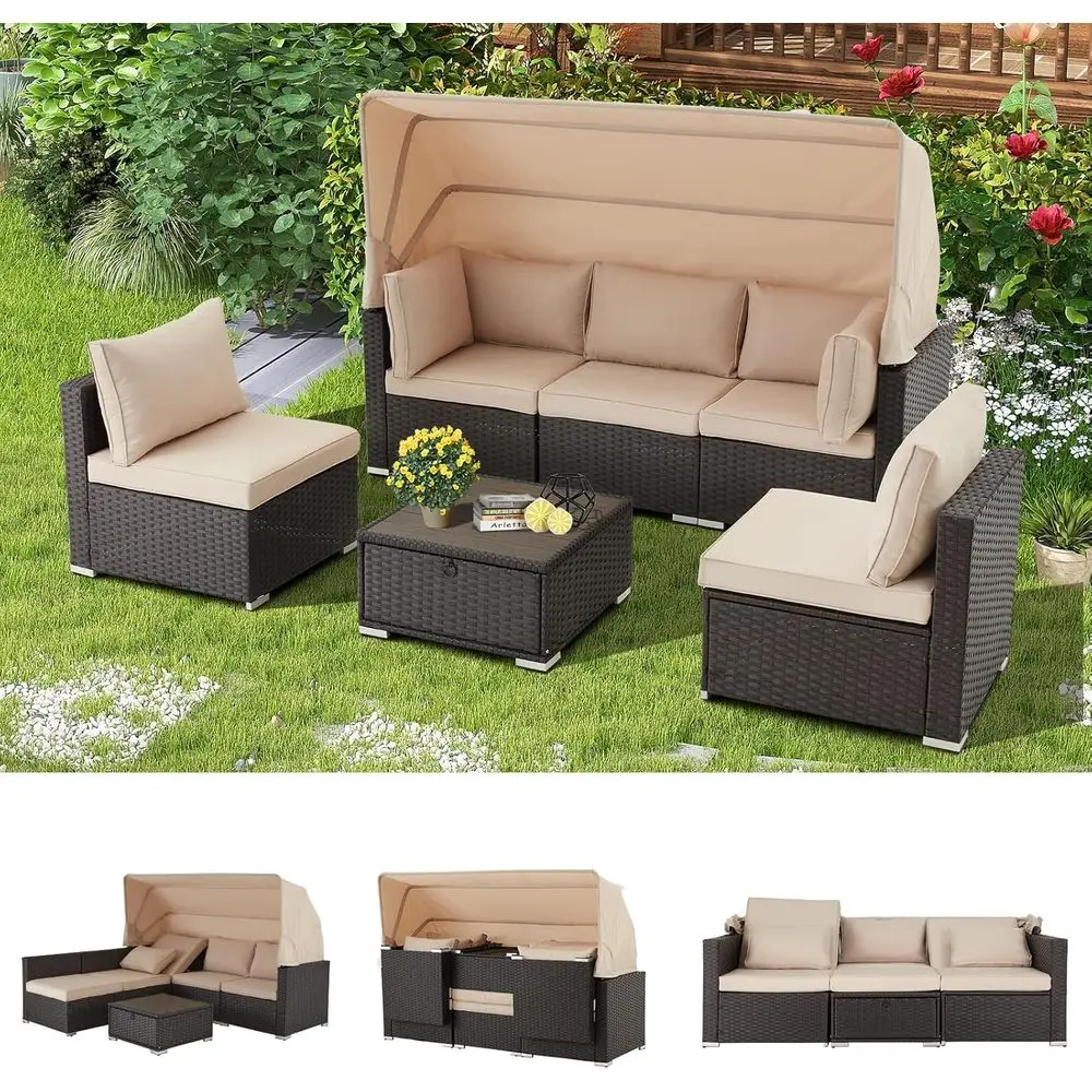 

Комплект садовой мебели из 6 предметов с ротанговой кушеткой, регулируемой спинкой и складным чайным столиком для сада или зоны у бассейна (хаки)