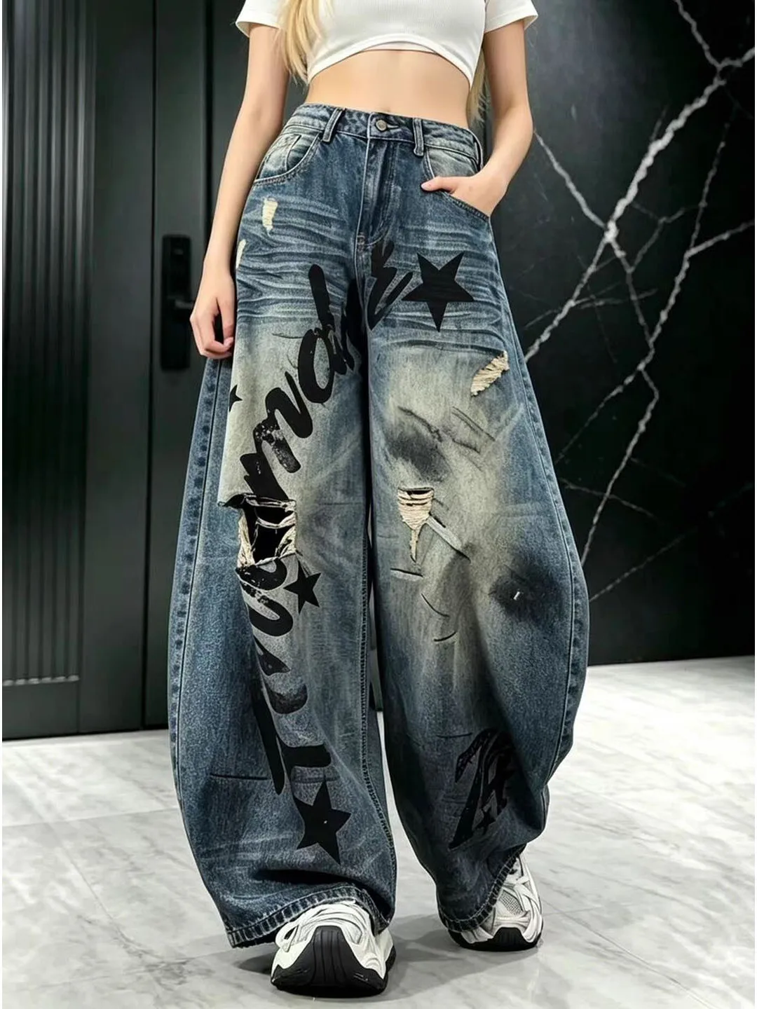 

High Waist Wide Leg Denim Jeans Women's Loose Fitting Floor Length Torn Vintage American Style Blue Color Summer New Arrival