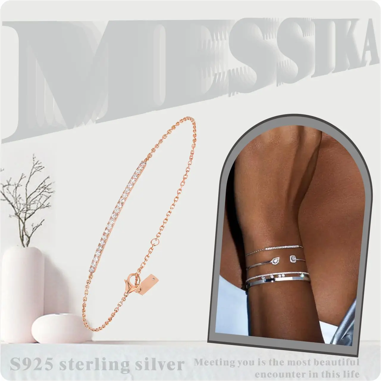 

Sterling Silver S925 Messik Style GATSBY Bar Series Diamond Minimalist Bracelet Light Luxury High-end Fashion Christmas Gifts