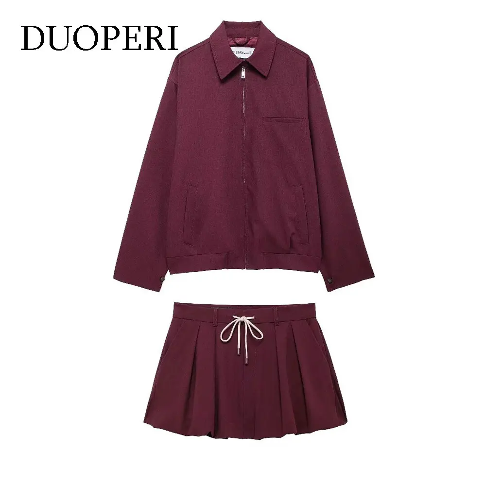 DUOPERI Women Y2K 2 Piece Set Wine Red Front Zipper Jackets And Vintage High Waist Mini Skirt Female Chic Skirts Set