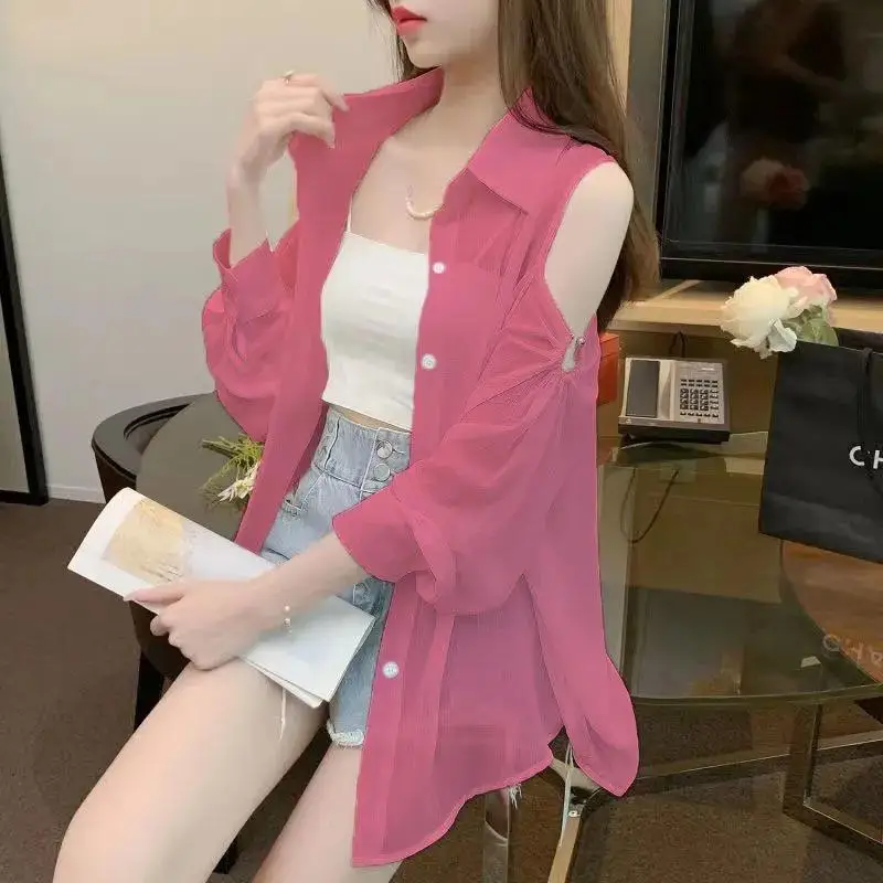 Fashion Lapel Button Solid Color Off Shoulder Chiffon Shirts Female Clothing 2024 Summer New Loose Sweet Tops Casual Blouses