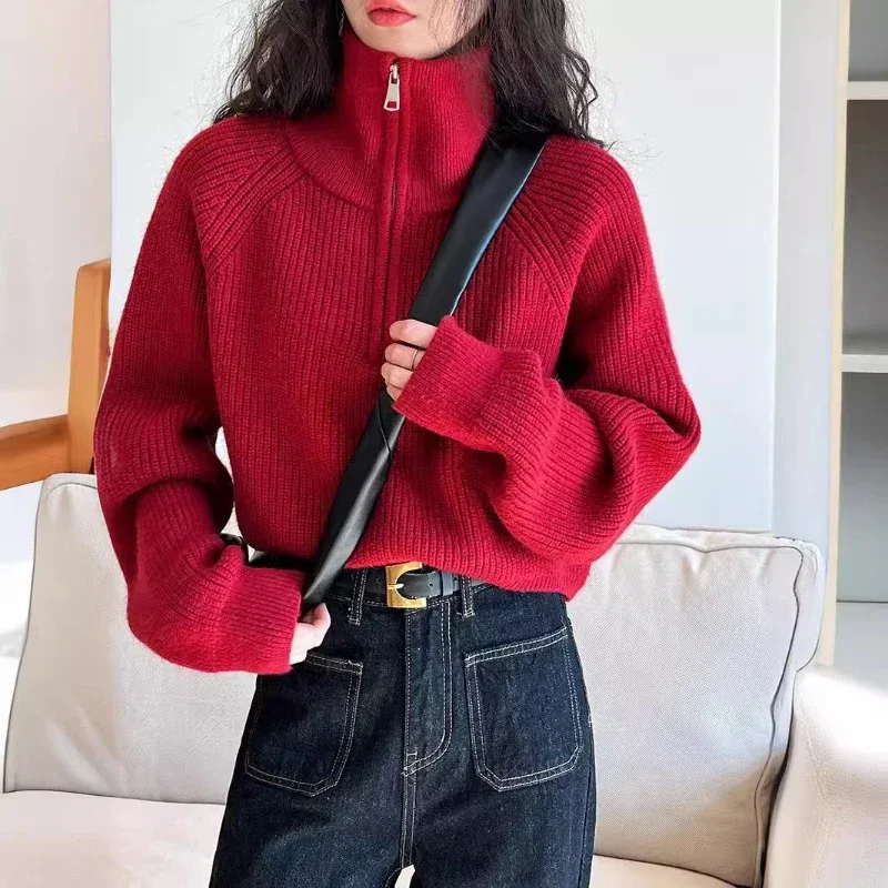 

Autumn Winter High Neck Zipper Sweaters Women Solid Color Knitted Pullover Solid Loose Turndown Collar Women's Turtleneck Tops