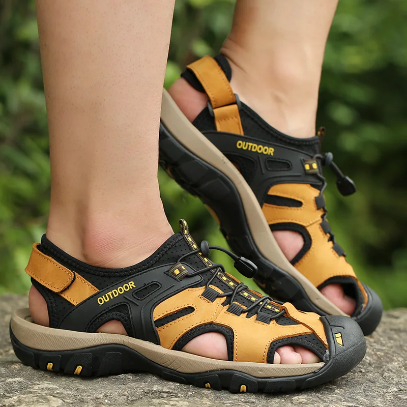 2023 Summer Sandals Men Beach Slippers Genuine Leather Man Sandals Fashion Walking Shoes Male Plus Size 38-48