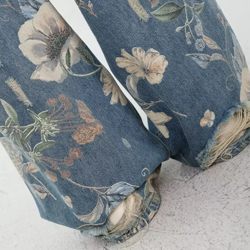 Grunge Floral Jeans Women Y2K Ripped Baggy Broken Hollow Pants High Waist Streetwear Flower Cowboy Pants Unisex