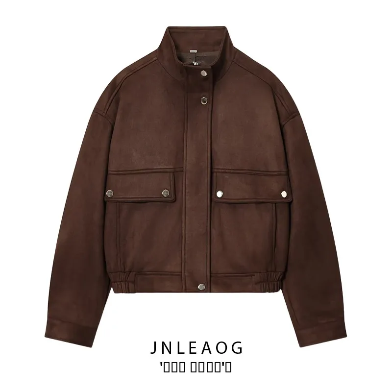 

JNLEAOG Women's Pilot Jaet Coat Autumn New Sle ket Decorated Faux Suede ort Outerwear Faion Ladies' Polyester