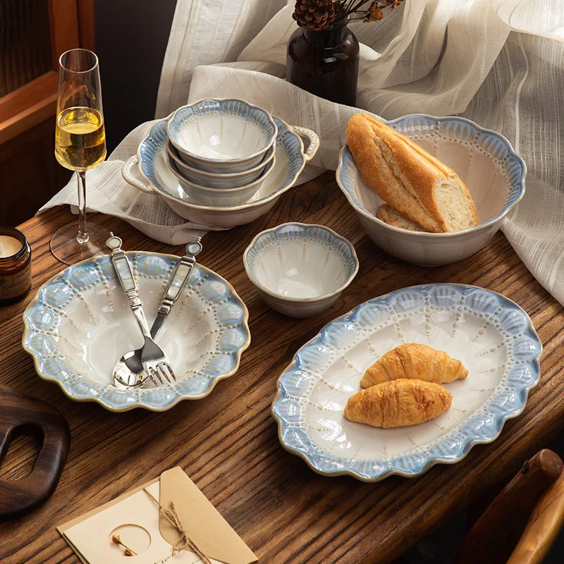 Smoky Blue Ceramic Dinnerware Set French Embossed Rice Bowls Luxury Light Luxury Tableware Bowl Plated Household Party Tableware