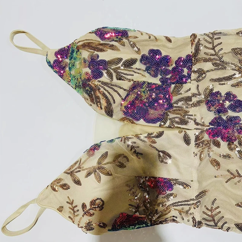 Letnia Sukienka Wieczorowa Sexy na Cienkich Ramiączkach z Dekoltem w Serek, Odkrytymi Plecami, Kwiatami i Cekinami, Długa Sukienka na Imprezę, Koktajl, Bal Maturalny dla Kobiet