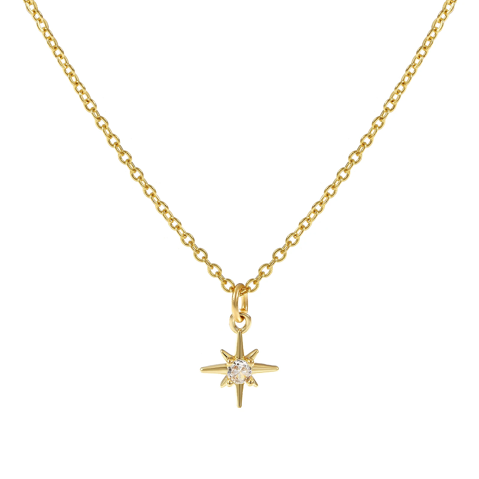 1 Piece Polaris Star Charm Necklace Gold Plated Link Cable Chain Brass For Women Clear Cubic Zirconia Necklace 45cm+5cm