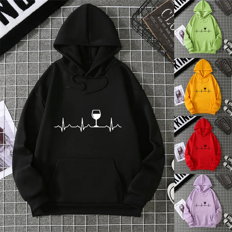 Wine Heartbeat Print Hoodie Sweatshirts Women Long Sleeve O Neck Loose Hoodies 2025 Ladies Pullovers Warm Pocket Hooded Jacket