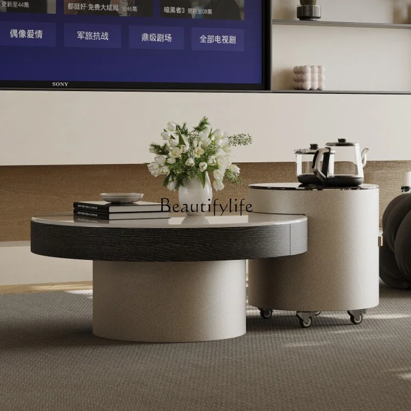 Ljy Italian minimalist marble coffee table combination kettle integrated round movable small tea table tea table living  househo - Image 2