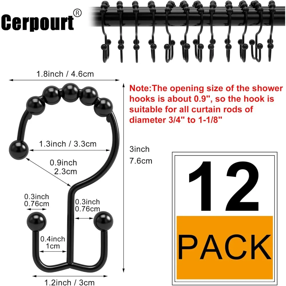 Shower Curtain Hooks, 12 Pcs Rustproof Metal Shower Curtain Rings,Free Sliding Double Shower Hooks for Shower Curtain & Liners, Shower Curtain Hangers for Bathroom Shower Curtain Rods Curtains (Black) view 4